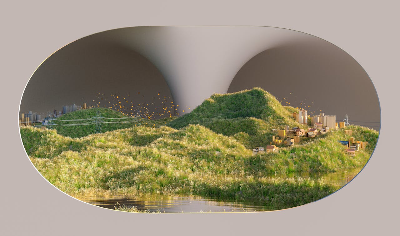 Surreal AI-rendered landscape blending nature with modern city elements.